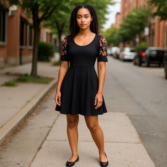 Free People Size S Black Fit Flare Goth Skater Mini Dress Embroidered Sleeves - Picture 1 of 11